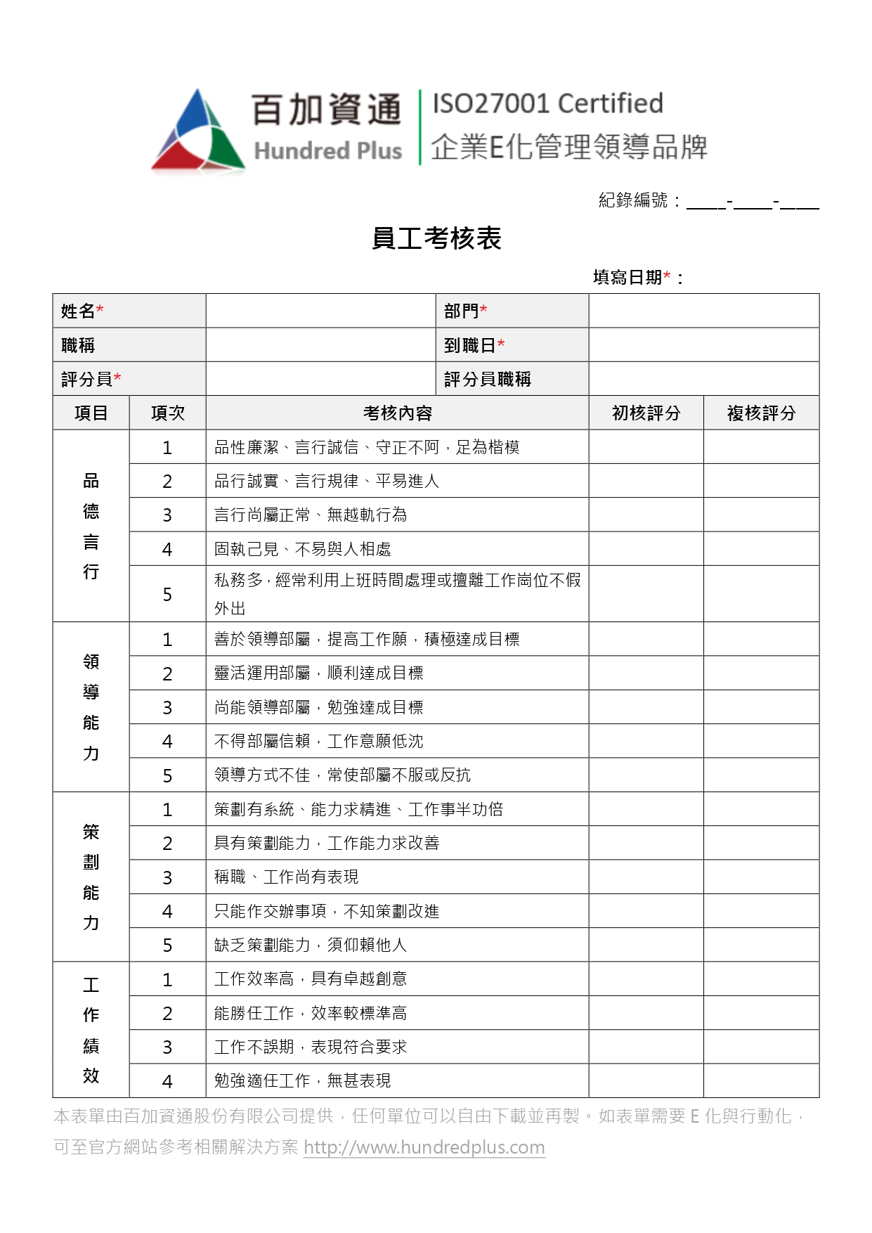 Hr表單範例 員工考核表 101eip Net